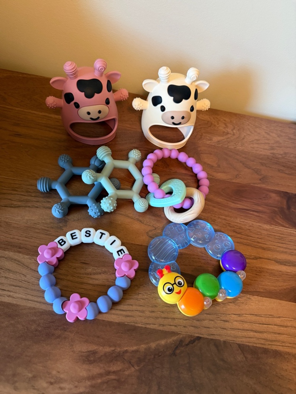 Silicone Baby Teether & Rattle Set — Pink, White, Blue, Purple, Mint